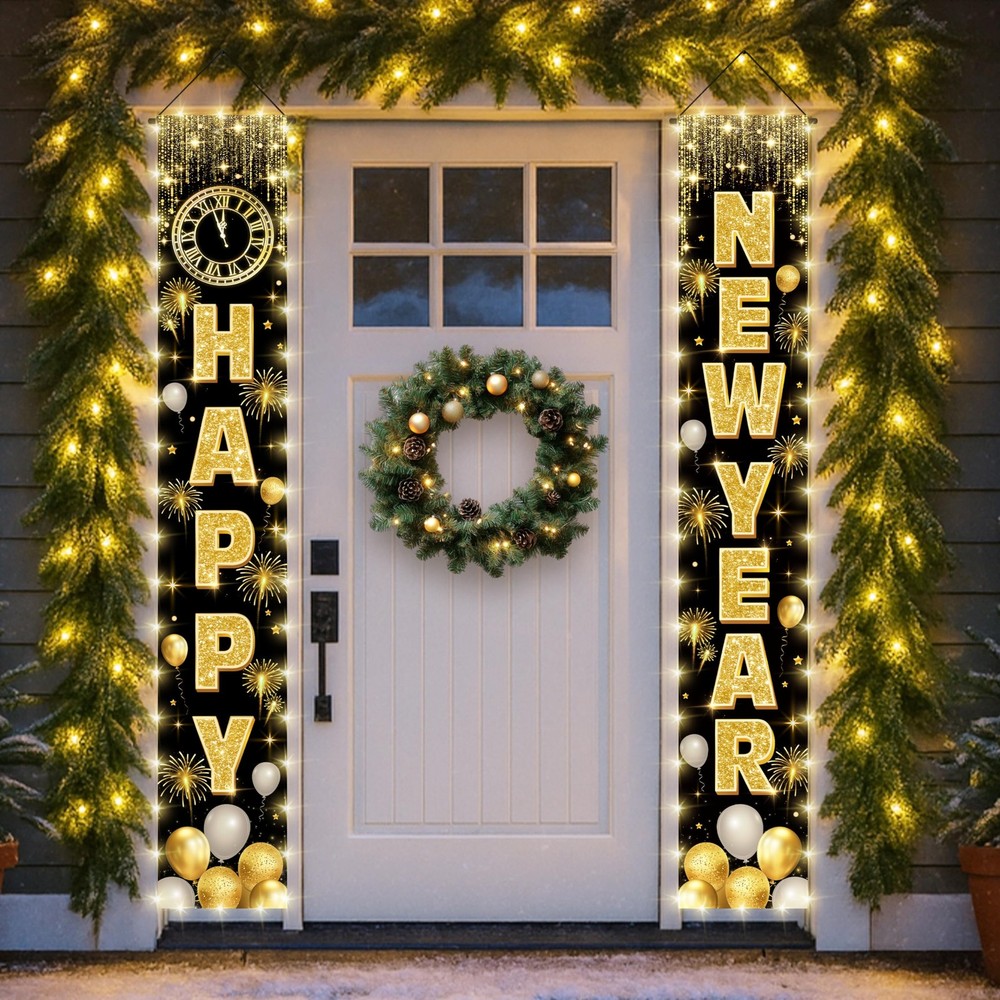 2026 Happy New Year Banner with String Lights, 72×12 Inch Large Front Door Po…
