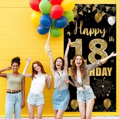 18th Door Banner Backdrop, Happy 18th Decorations for Girls Boys Black Gold, …