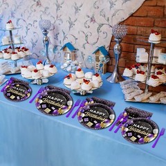 Vibrant Celebration: Quality Purple and Black Theme Party Supplies for 24 Guests