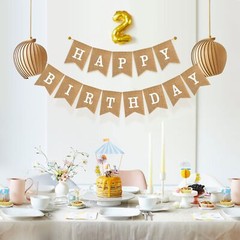 Pre-Strung Burlap Happy Birthday Bannner Sign for Birthday Party Decorations