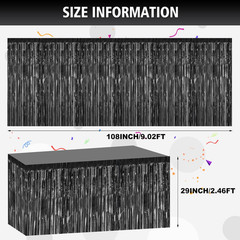 6 Pack 29.5X108 Inch Black Foil Tinsel Fringe Table Skirts, Disposable Table Ski