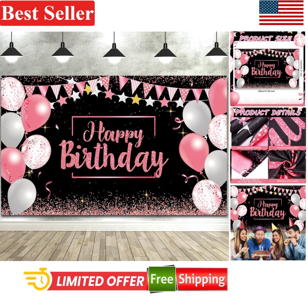Birthday Decorations Backdrop Banner 72.8×43.3 Inch Pink Black Photo Background
