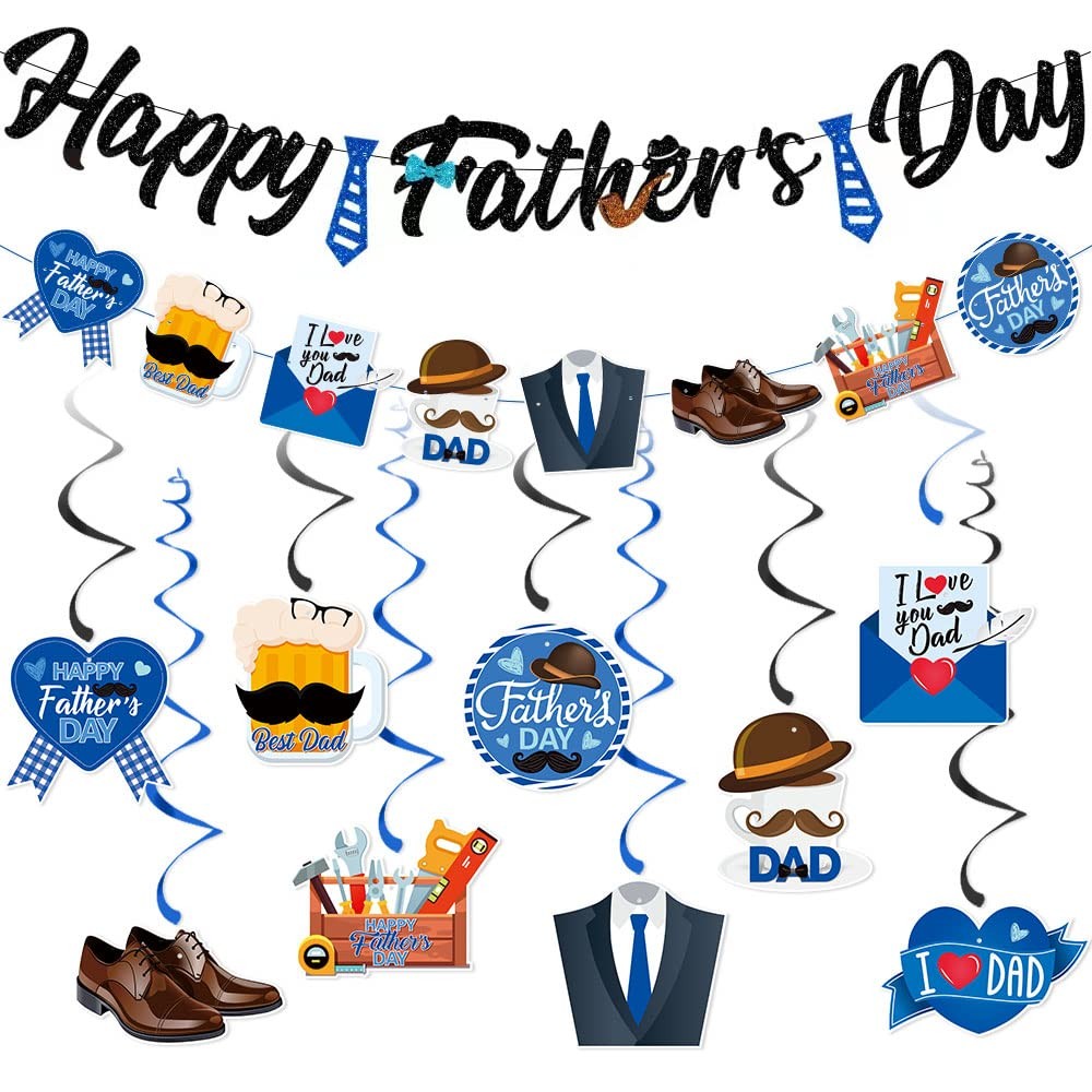 Happy Father’s Day Banner Decorations and Ceiling Hanging Swirls for Party, Love