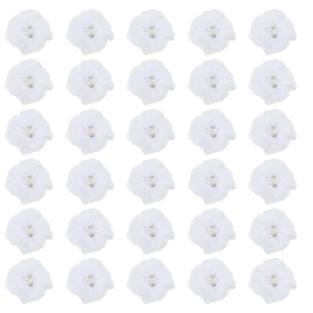 30Pcs 2″ Chiffon Flowers with Rhinestone Pearl Sewing Fabric Flowers, White