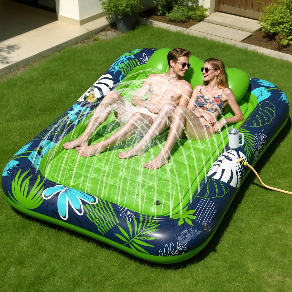 Inflatable Tanning Pool Lounger Float with Sprinkler, XXL Large Pool Floats A…