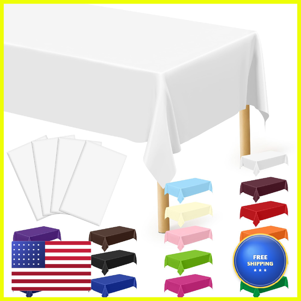 Qzyl 4 Packs White Plastic Sturdy Disposable Table Cloth 54 X 108 Inches Paper