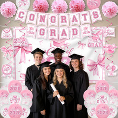 Pink Bow Graduation Decorations 2026 Set, All-In-1 Coquette Kit with Congrats Gr