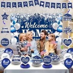 Welcome Home Decorations Set – Blue Silver Banner, Balloons, Honeycomb Centerpie