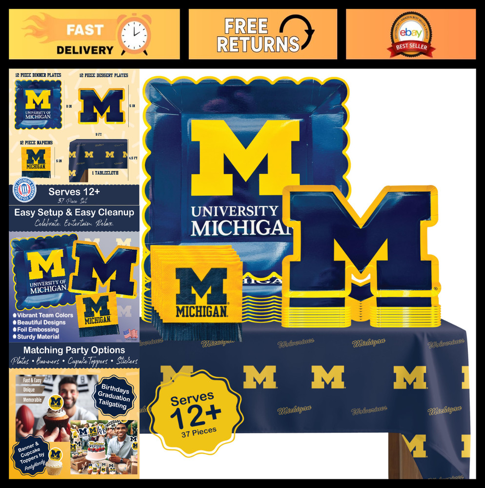 Michigan Party Supplies Set – 37 Piece Tablecloth, Plates & Napkins for Graduati