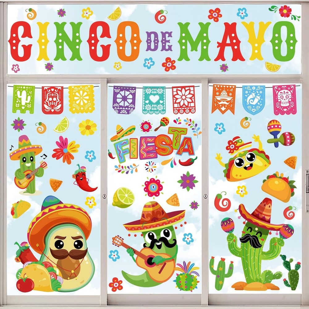 Whaline 9 Sheet Mexican Fiesta Party Window Clings 7.9×11.8 Inch, Multicolor