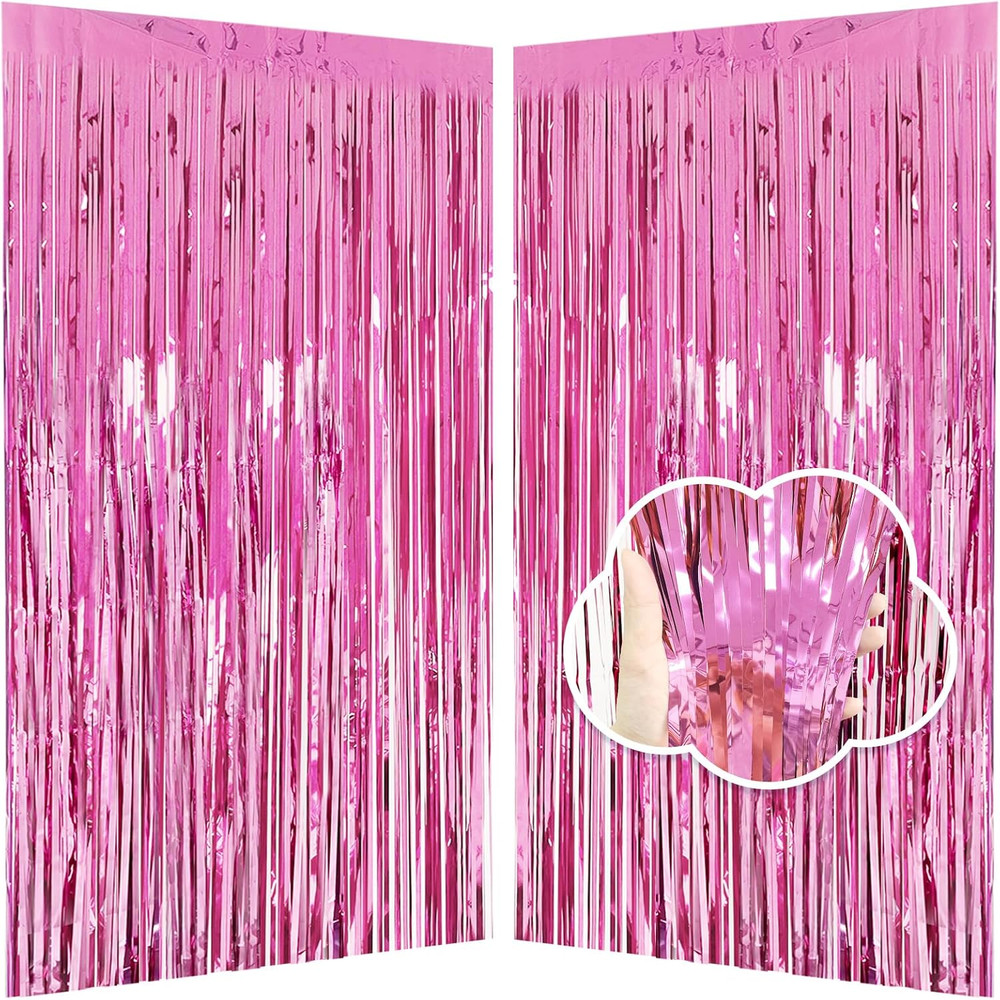 Pink Backdrop Birthday Party Decorations 3.3X8.2Ft, 2 Pack Tinsel Foil Fringe