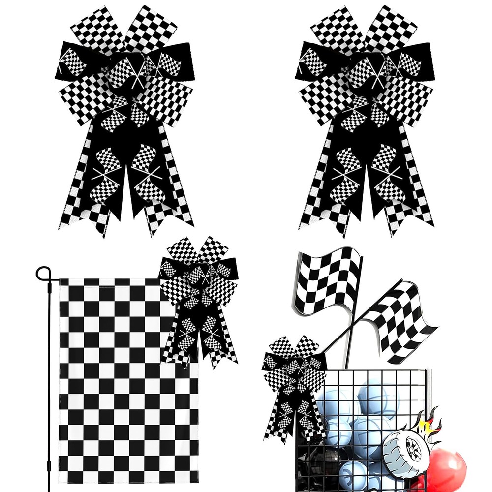 Glodecart 2PCS Sports Bow for Wreath, Sport Checkered Flag Small, Style6