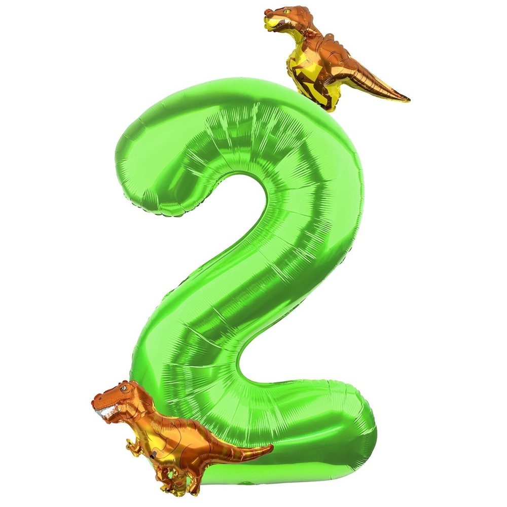 Dinosaur Number 2 Ballloon, 40 Inch Green Number 2 Balloon, Mini Dino Foil Ba…