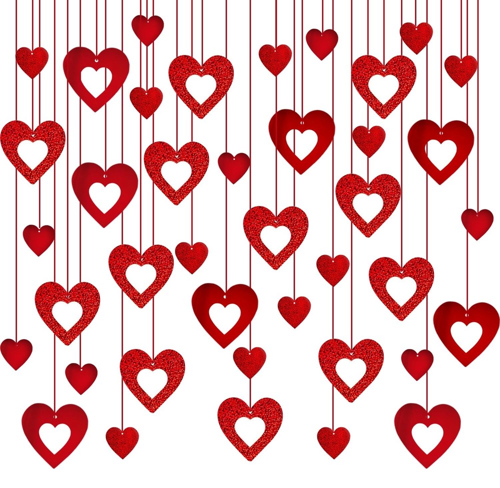 40 PCS Valentines Day Decorations Glitter Red Heart Hanging Swirls Ceiling