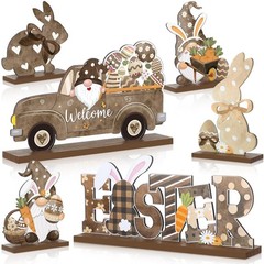 Capoda 6 Pcs Easter Table Signs Wooden Rustic Happy Brown