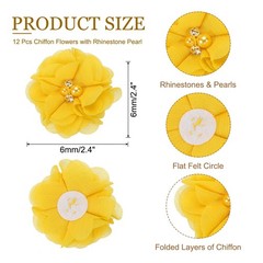 12Pcs 2″ Chiffon Flowers with Rhinestone Pearl Sewing Fabric Flowers, Yellow