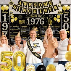 50th Birthday Party Decorations, Black Gold Backdrop, Balloons, Sash & Banners,