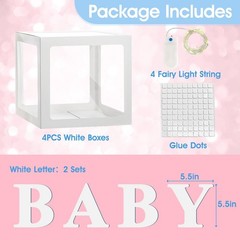 Baby Shower Letter Boxes with LED Lights – 4 Clear Balloon Decor Blocks for Gend