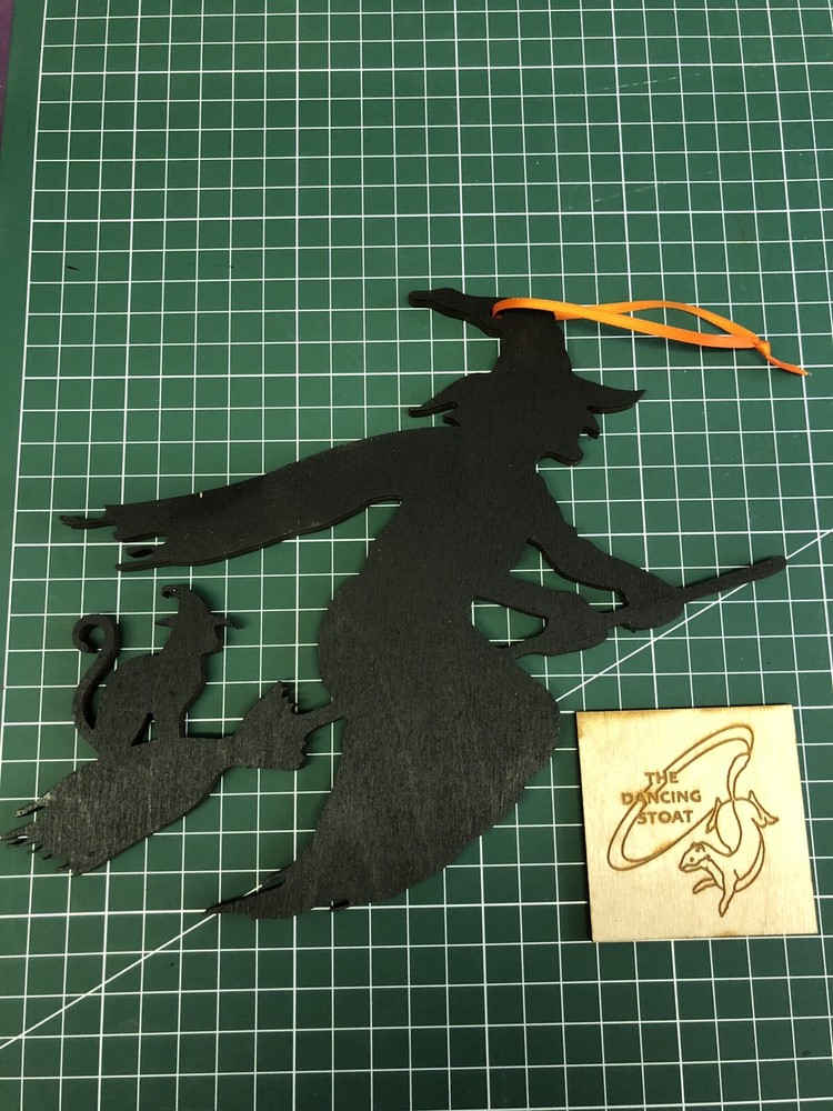 Large halloween Hanging Black Witch & Cat. Laser Cut Painted Plywood & Ribbon.