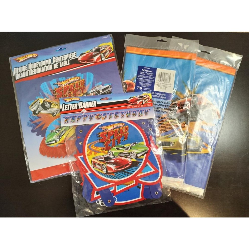 2009 Hot Wheels Birthday Party Bundle Lot 2 Tablecloths Banner Centerpiece A13