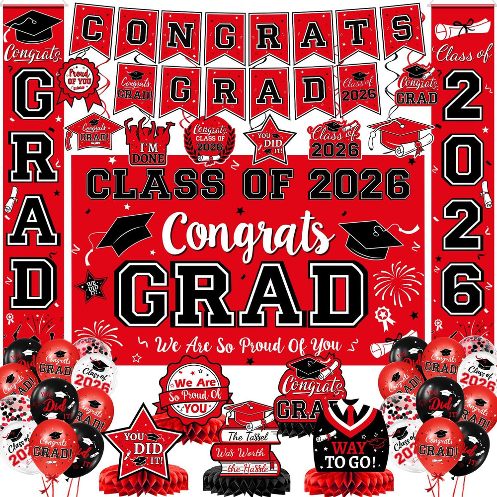 2026 Graduation Decorations, Red and Black Graduation Decorations Set with Congr
