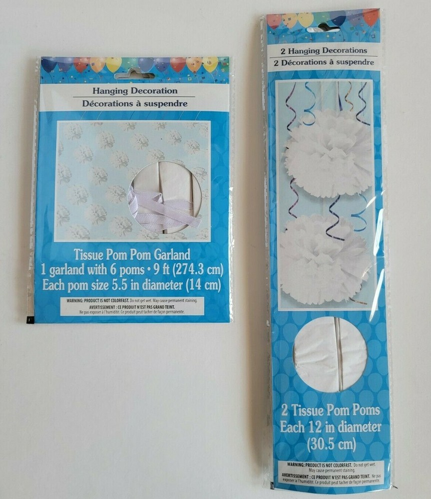Tissue Decoration Set Pom Poms & Pom Pom Garland White New