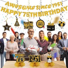 Kuxriox 11Pcs 75th Birthday Decorations Kit for Men Women, Black Gold Happy 75th