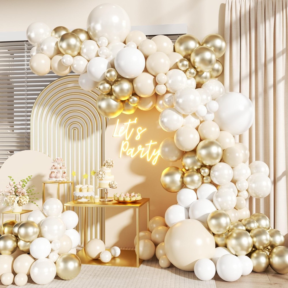 White and Gold Balloon Garland Arch Kit, Pearl White Chrome Gold Balloons for…