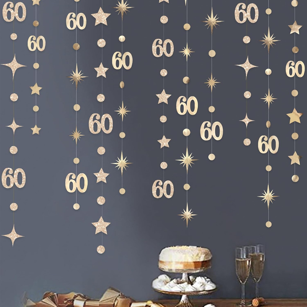 Champagne Gold 60Th Birthday Decorations Number 60 Circle Dot Star Garland Metal
