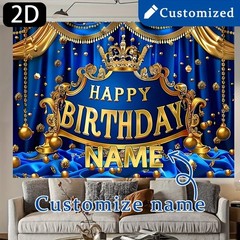 1pc 2D Blue Golden Crown Theme Personalized Birthday Custom Poster Tapestry♪