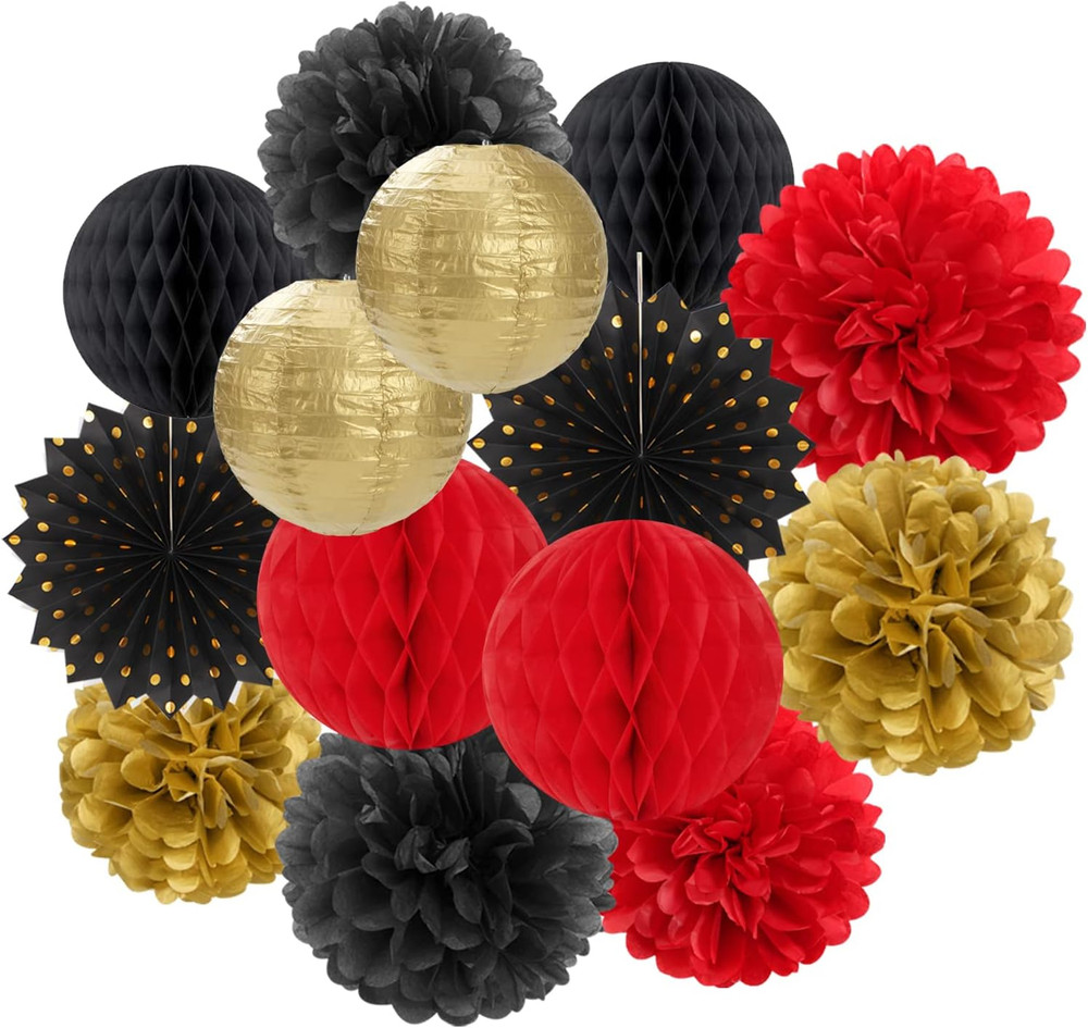 Red-Black Gold Party Decorations Streamers Lanterns – 14pcs Casino-Theme Graduat