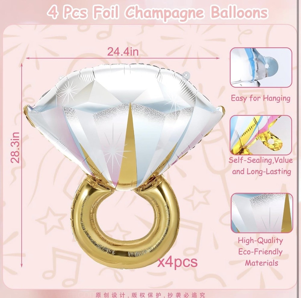 4pcs Diamond Engagement Ring Mylar Balloons, Marriage Engagement and Wedding Bri