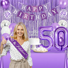 Purple Silver 50Th Birthday Decorations for Women | Banner, Sash and Crown, Cake