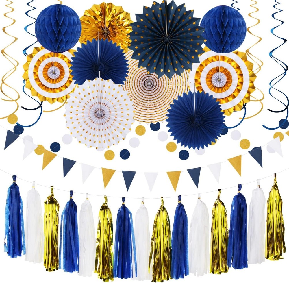 Navy-Blue White-Gold Graduation Party-Decorations – 33pcs Kits Banner, Streamers