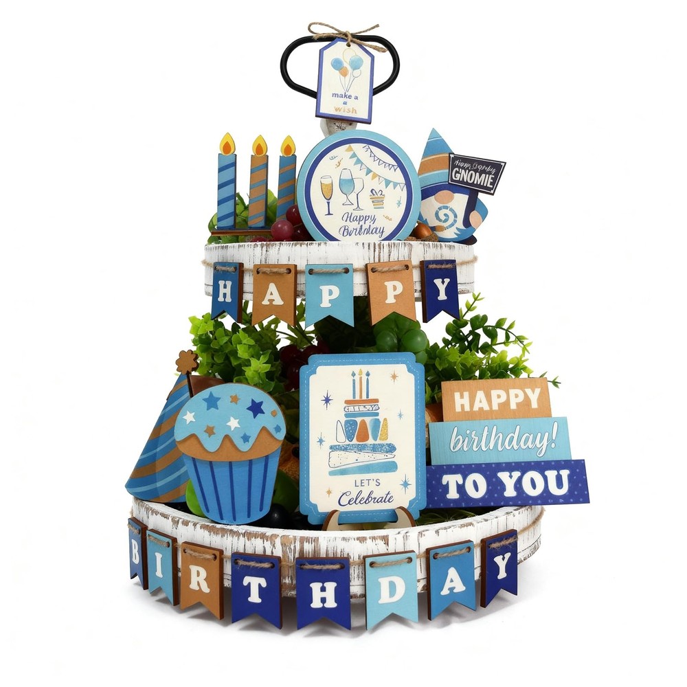 24Pcs Wooden Tiered Tray Decor Set, Farmhouse Birthday Decor with Happy Birth…