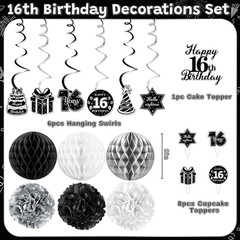 16Th Birthday Party Decorations for Boys, Black White 16Th Party Supplies with H