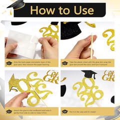 16 Pcs Black Gold Graduation Centerpiece Sticks, Double-Sided Graduation Decorat