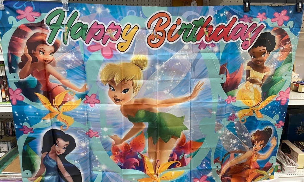 Disney Tinker Bell Banner Backdrop Photo Happy Birthday 60″ x 39″