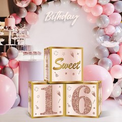 3Pcs Sweet 16 Party Decorations Boxes for Girls Women, Pink Rose Gold 16th Bi…