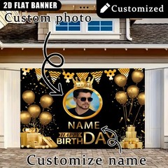 1pc 2D Luxurious Golden Balloon Crown Theme Personalized Custom Birthday Banner♪