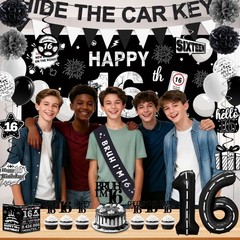 Happy 16th Birthday Decorations for Boys Girls, Black and Silver
