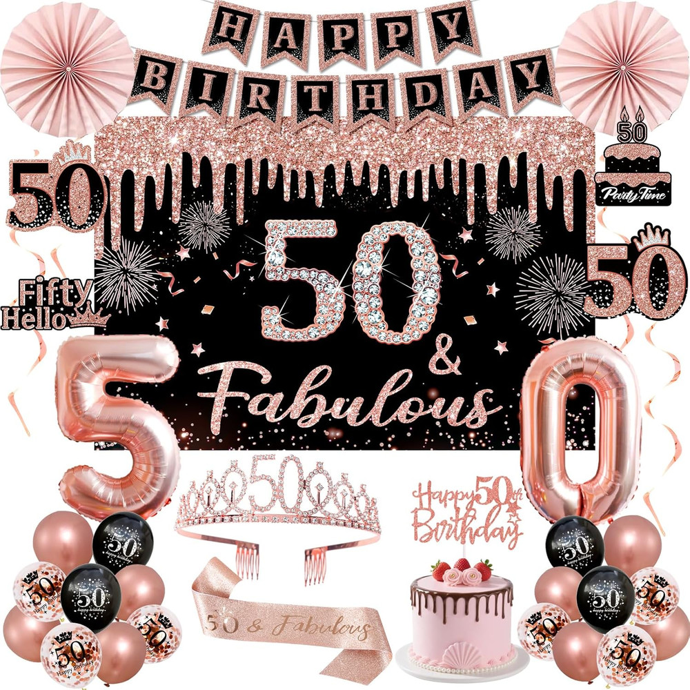 50Th Birthday Decorations for Women – 34Pcs Black Rose Gold Birthday Party Decor