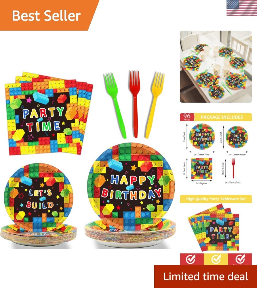 Vibrant Building Block Birthday Party Set – 96 Durable Pieces for 24 Guests