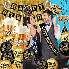 Black and Gold Party Decorations for Men and Women: Happy Birthday Banner, Fr…