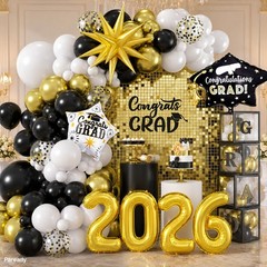 Graduation Balloon Arch Kit 2026, 120Pcs Black and Gold Grad Balloon Arch, Bl…