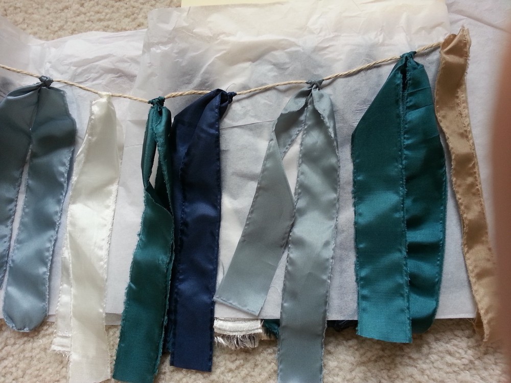 lot set Garland party fabric streamers – 60 yards total – blue teal white beige