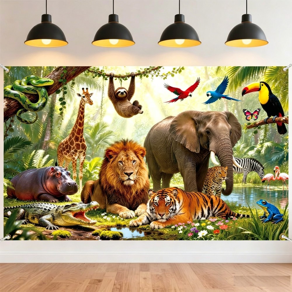 Tropical Rainforest Wildlife Birthday Party Background Banner Backdrop Supplies