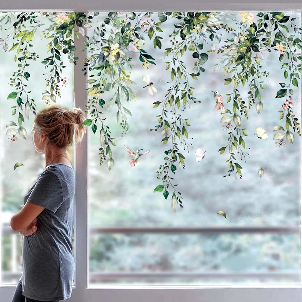 Whaline 9 Sheets Summer Flowers Window Clings 7.9 x 11.8 inch, Green