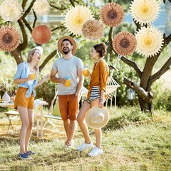 10 PCS Brown Rustic Paper Pom Poms Lanterns Folding Fans Party Decor Kit