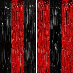 2 PCS Red & Black Tinsel Foil Fringe Curtains Metallic Party Streamers Backdrop